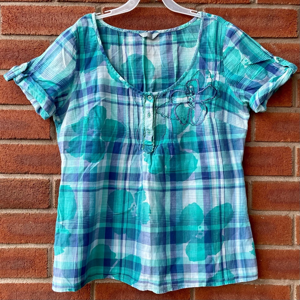 Per Una (M&S) Teal Blue 100 % Cotton Plaid Blouse